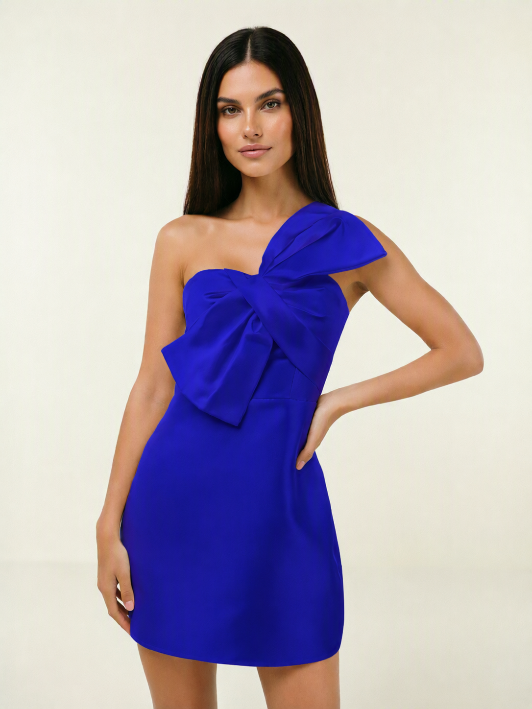 One Shoulder Oversized Bow Satin Mini Dress