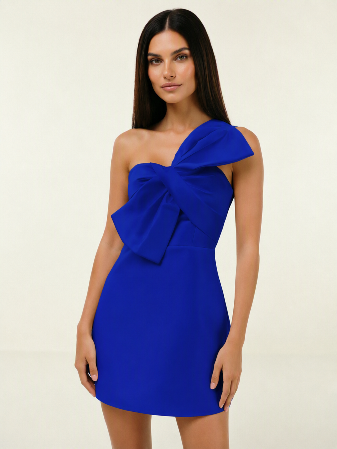 One Shoulder Oversized Bow Satin Mini Dress