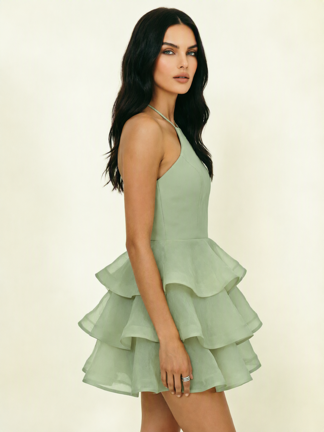 Halter Tiered Ruffle Mini Dress Lace Up Back Cocktail Party Gown