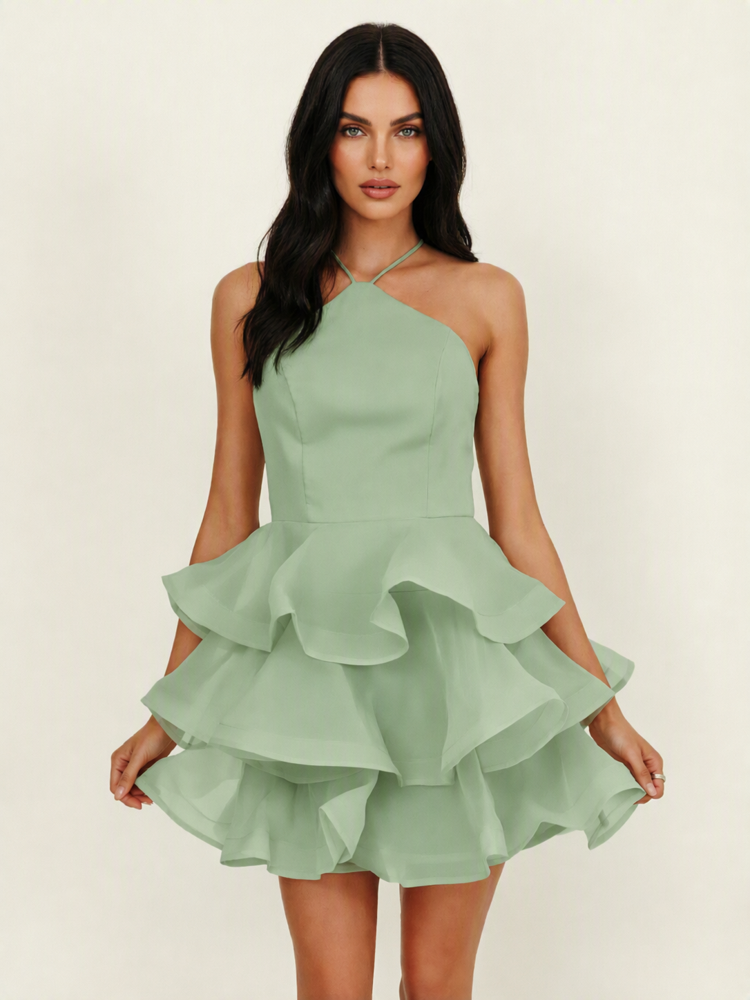 Halter Tiered Ruffle Mini Dress Lace Up Back Cocktail Party Gown