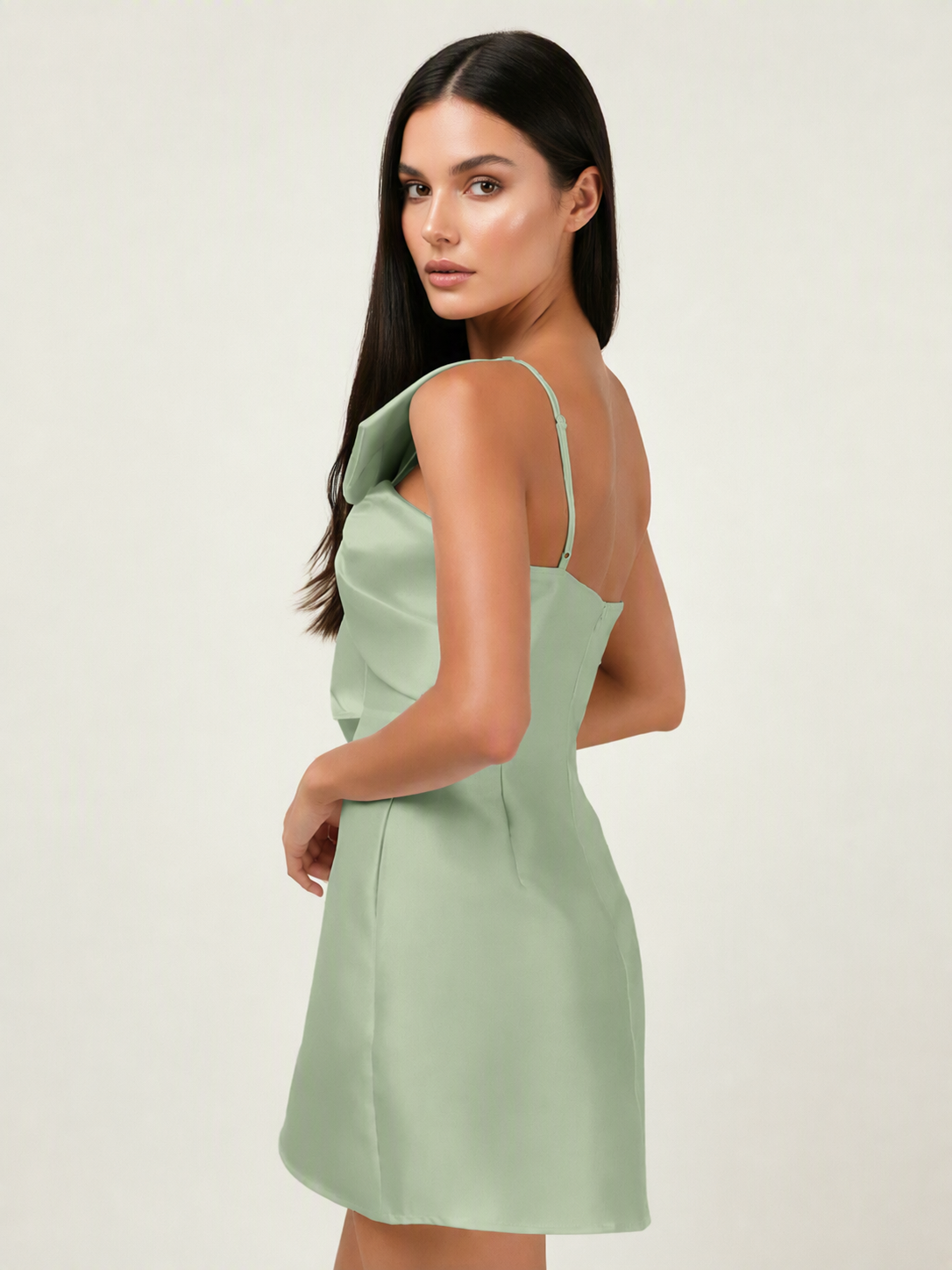 One Shoulder Oversized Bow Satin Mini Dress