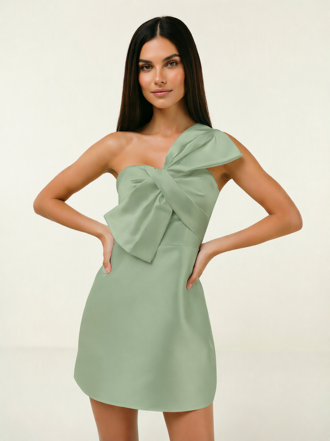 One Shoulder Oversized Bow Satin Mini Dress