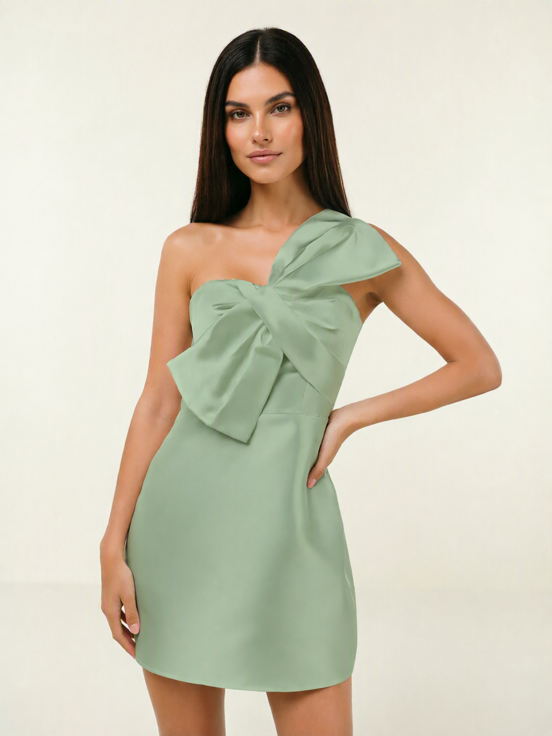One Shoulder Oversized Bow Satin Mini Dress