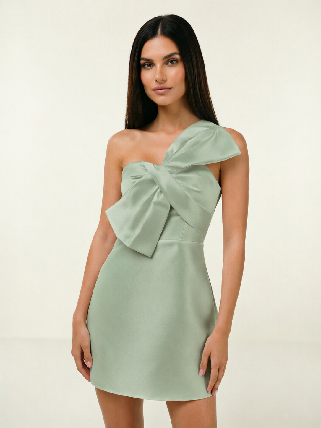 One Shoulder Oversized Bow Satin Mini Dress