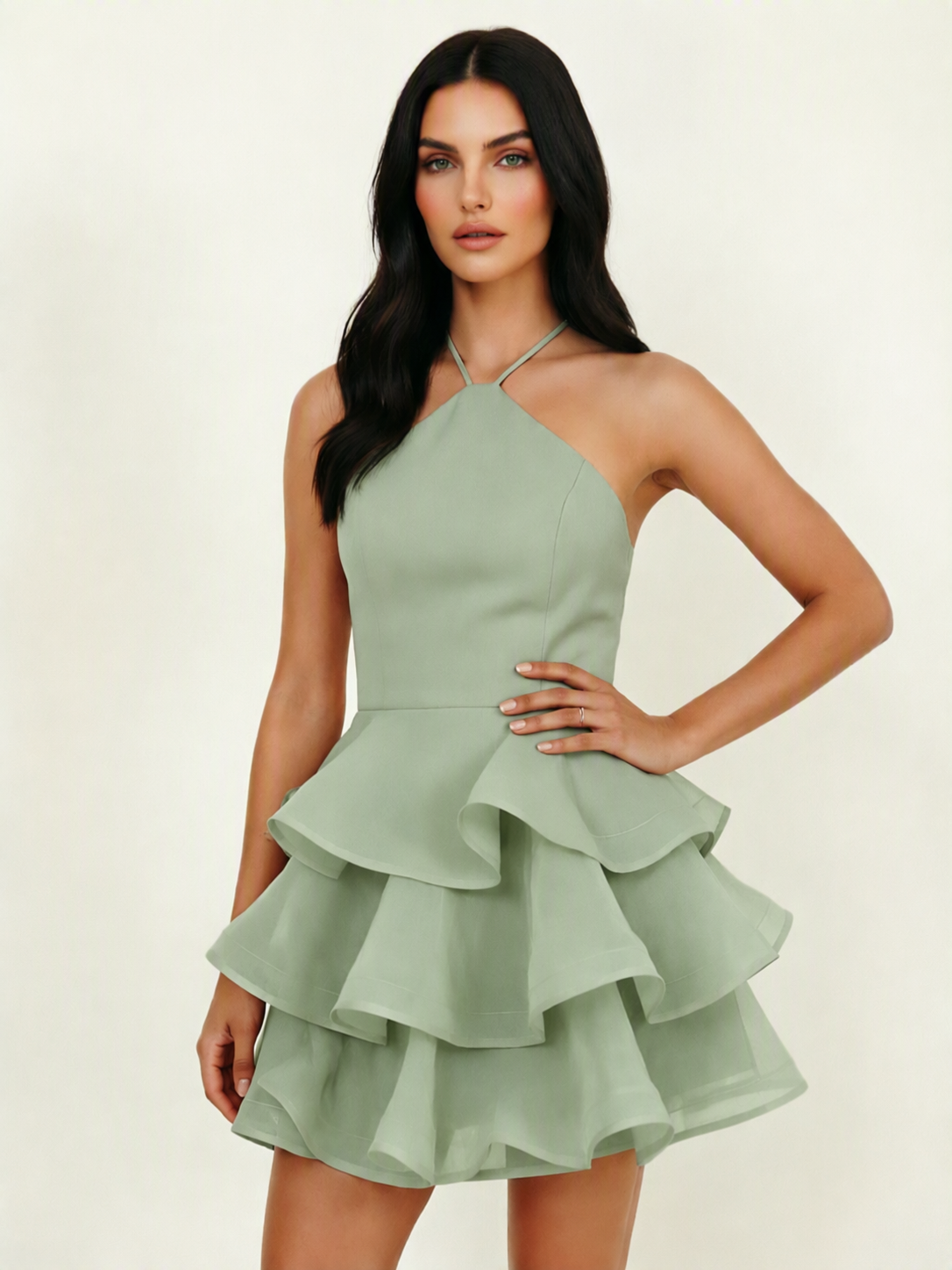 Halter Tiered Ruffle Mini Dress Lace Up Back Cocktail Party Gown