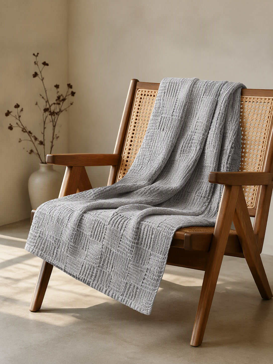 Geometric Woven Grid Knitted Throw Blanket