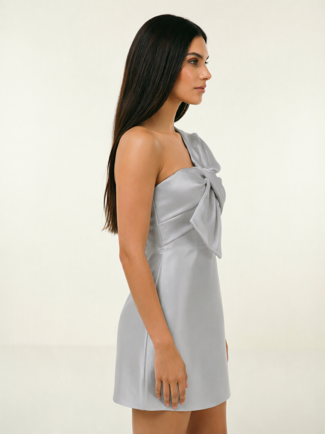 One Shoulder Oversized Bow Satin Mini Dress