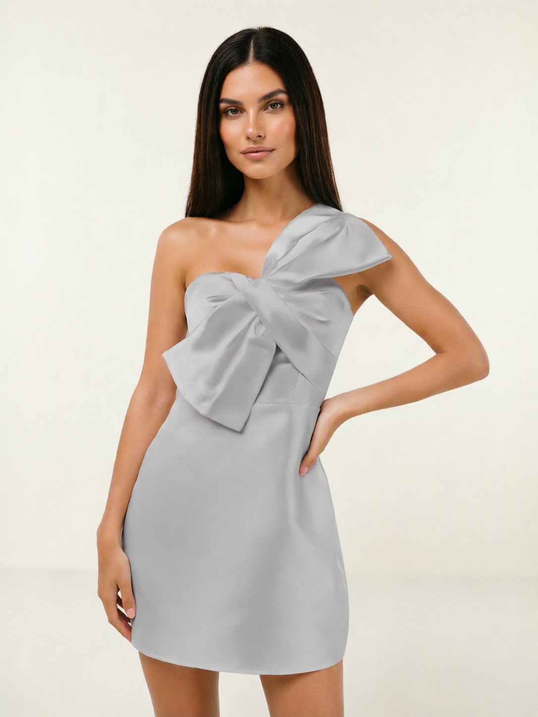 One Shoulder Oversized Bow Satin Mini Dress