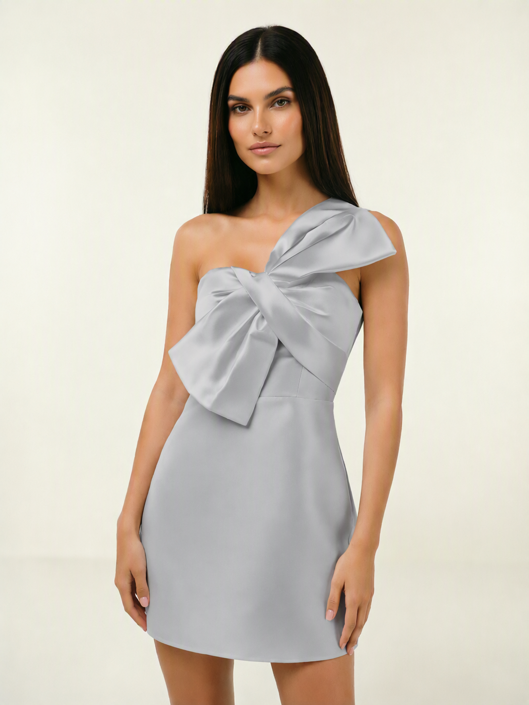 One Shoulder Oversized Bow Satin Mini Dress