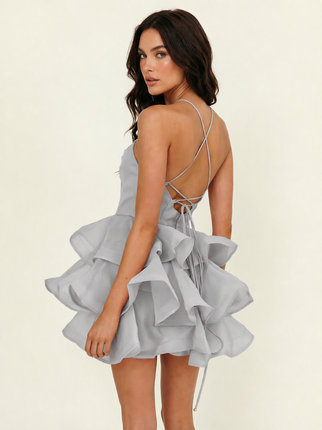Halter Tiered Ruffle Mini Dress Lace Up Back Cocktail Party Gown