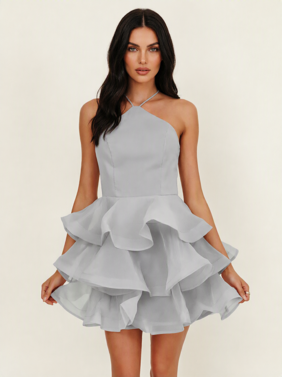 Halter Tiered Ruffle Mini Dress Lace Up Back Cocktail Party Gown