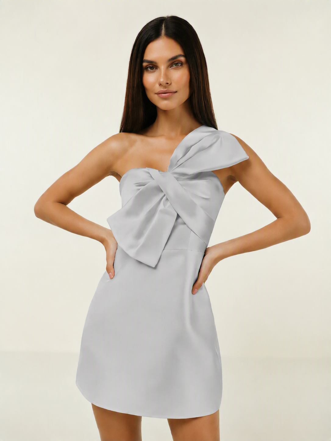 One Shoulder Oversized Bow Satin Mini Dress
