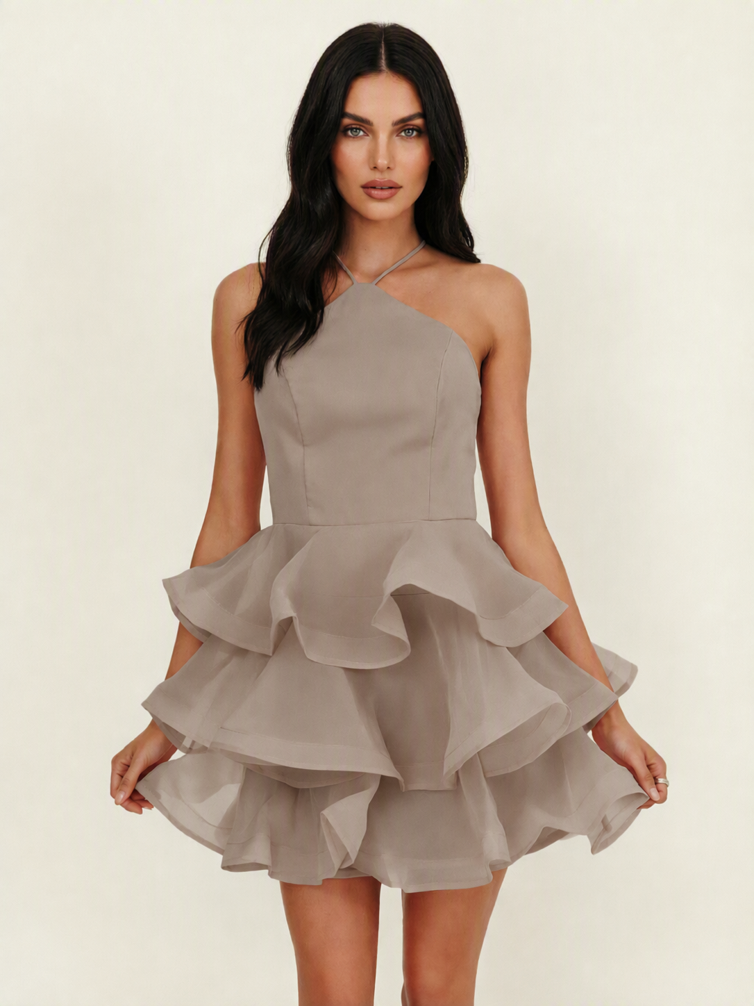 Halter Tiered Ruffle Mini Dress Lace Up Back Cocktail Party Gown