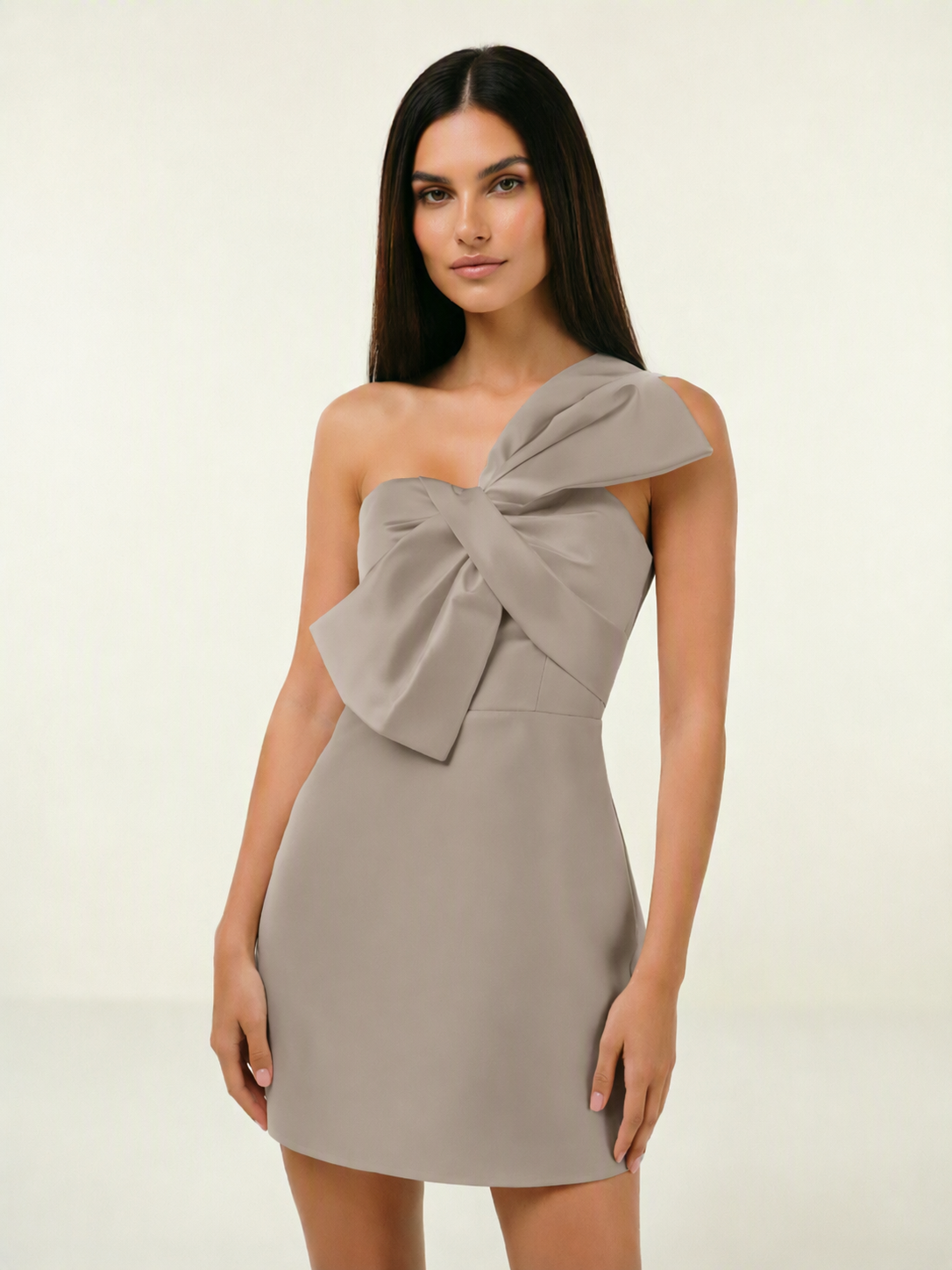 One Shoulder Oversized Bow Satin Mini Dress