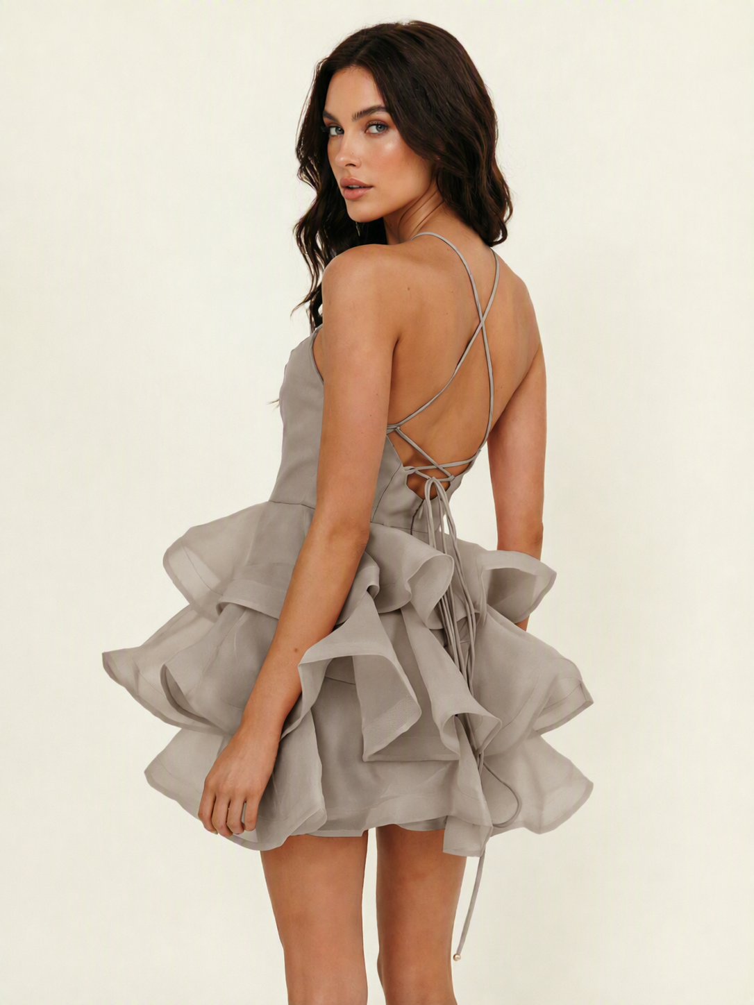 Halter Tiered Ruffle Mini Dress Lace Up Back Cocktail Party Gown