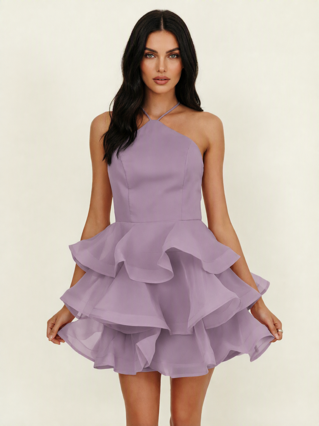 Halter Tiered Ruffle Mini Dress Lace Up Back Cocktail Party Gown