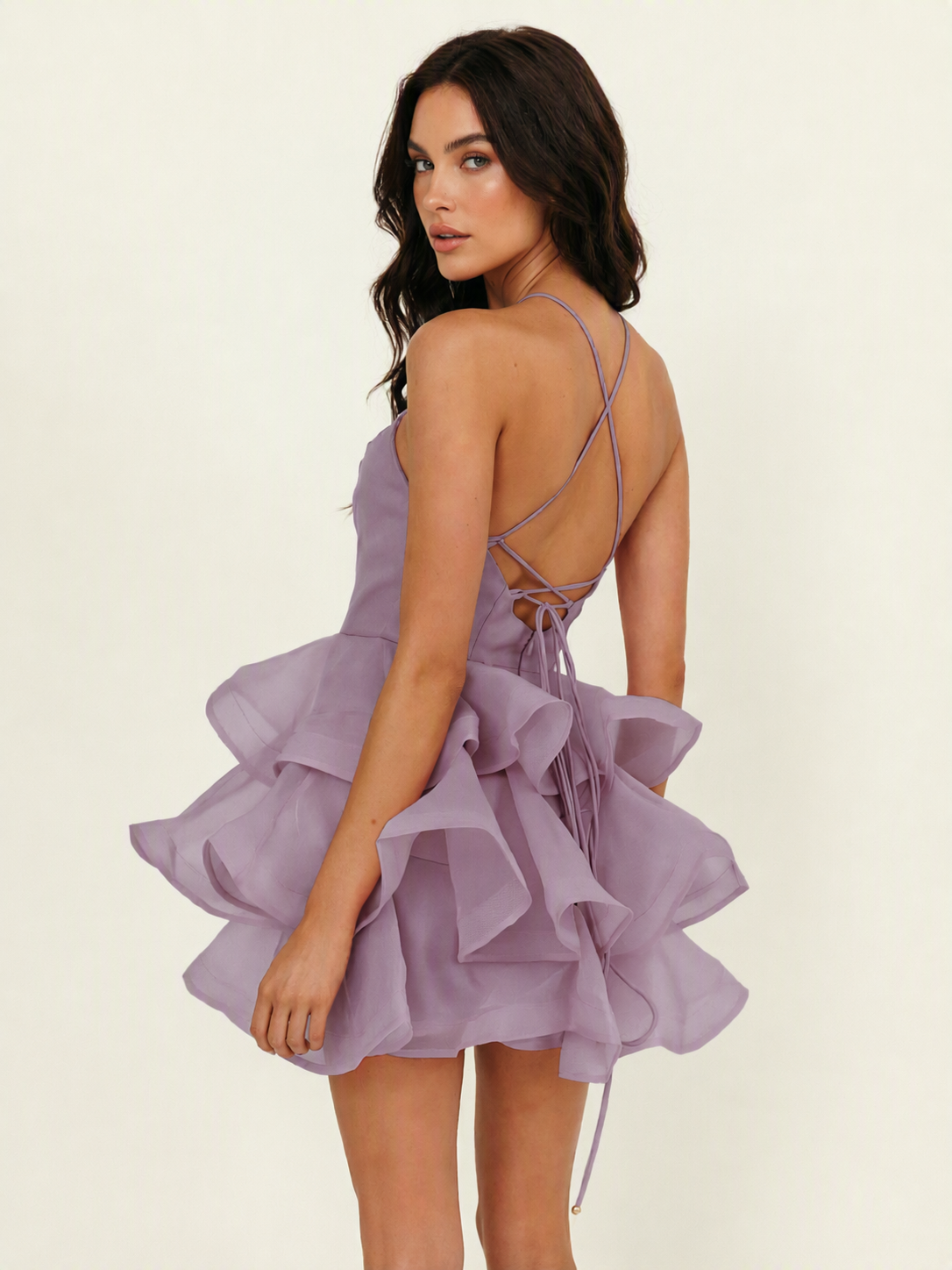 Halter Tiered Ruffle Mini Dress Lace Up Back Cocktail Party Gown