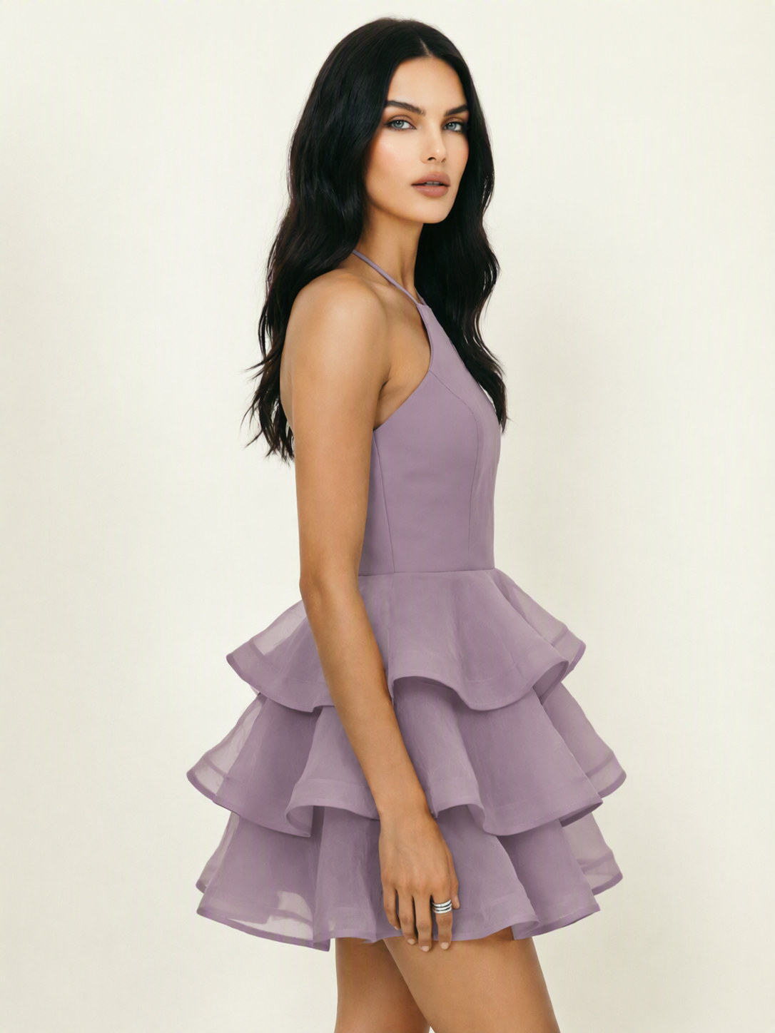 Halter Tiered Ruffle Mini Dress Lace Up Back Cocktail Party Gown