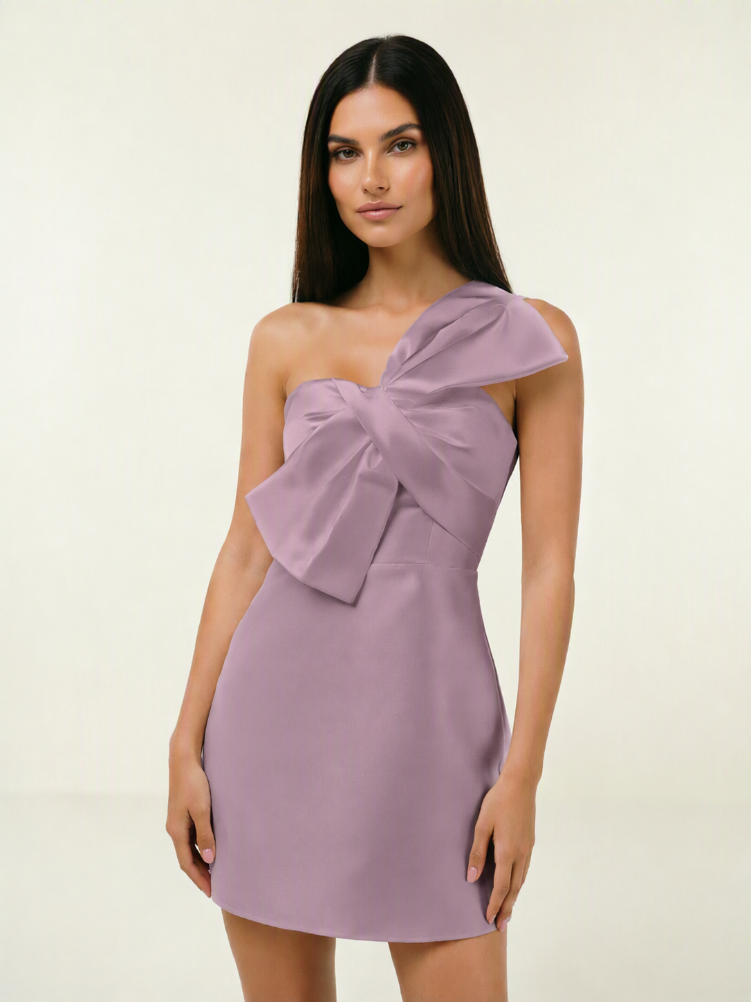 One Shoulder Oversized Bow Satin Mini Dress