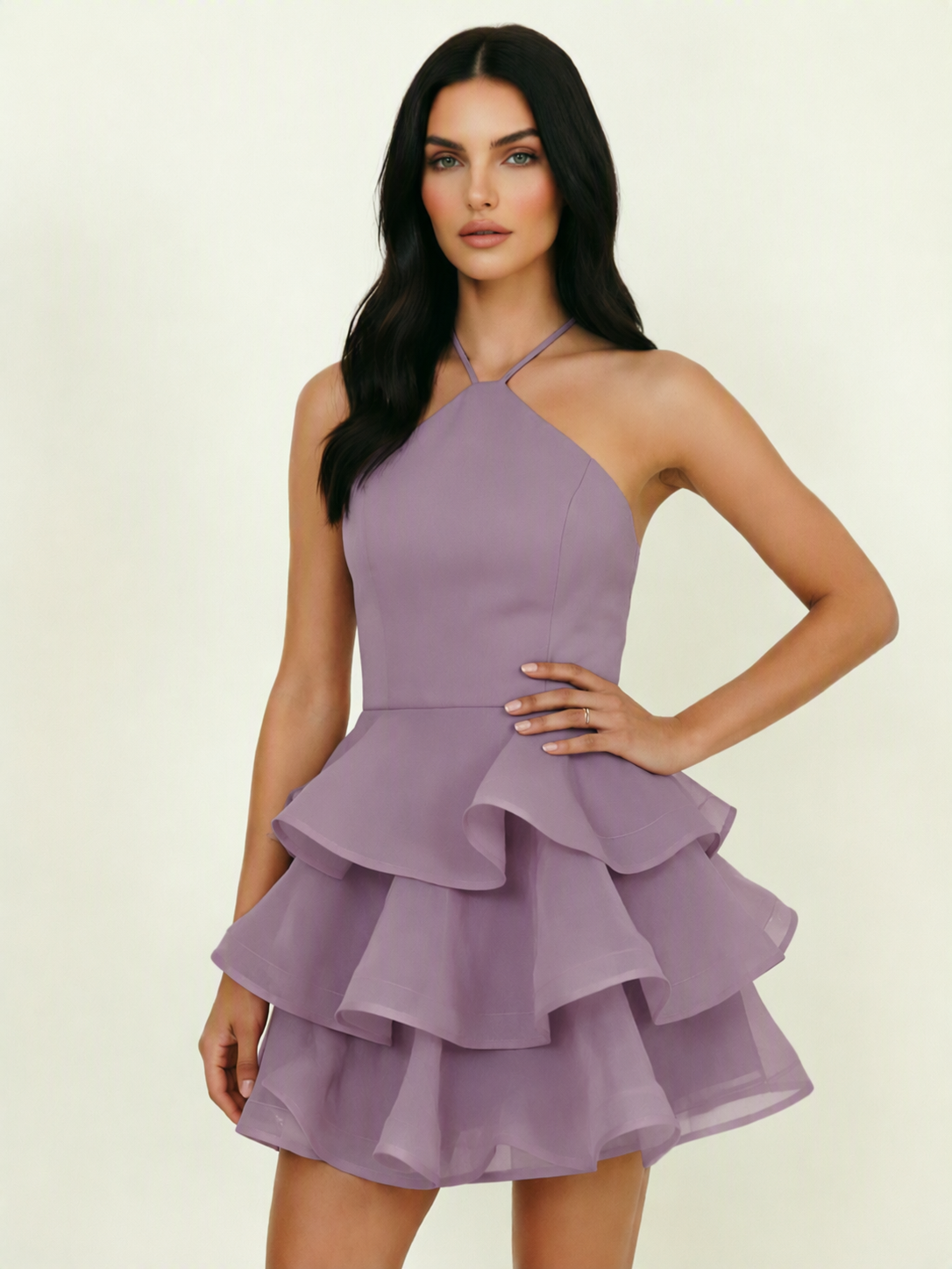 Halter Tiered Ruffle Mini Dress Lace Up Back Cocktail Party Gown