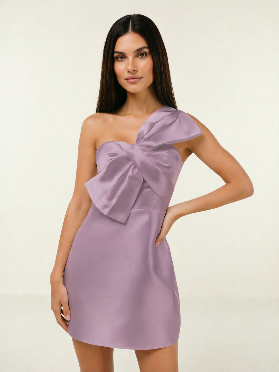 One Shoulder Oversized Bow Satin Mini Dress