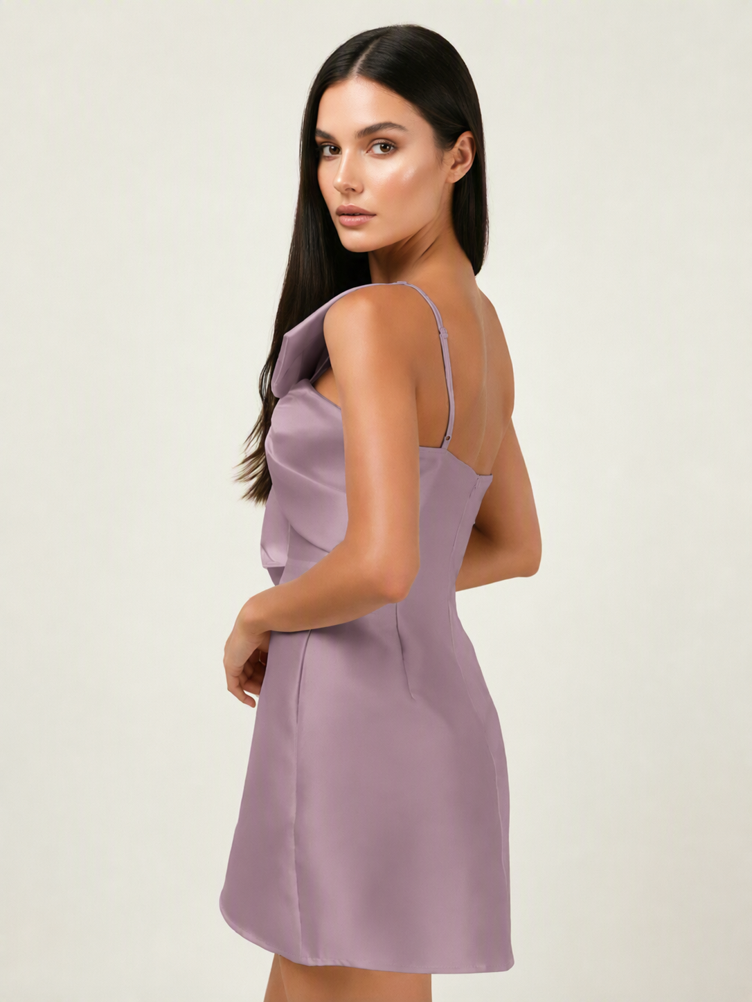 One Shoulder Oversized Bow Satin Mini Dress