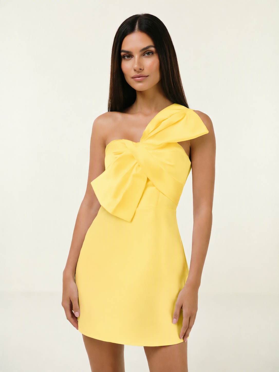 One Shoulder Oversized Bow Satin Mini Dress