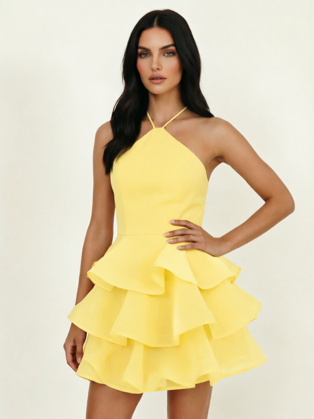 Halter Tiered Ruffle Mini Dress Lace Up Back Cocktail Party Gown