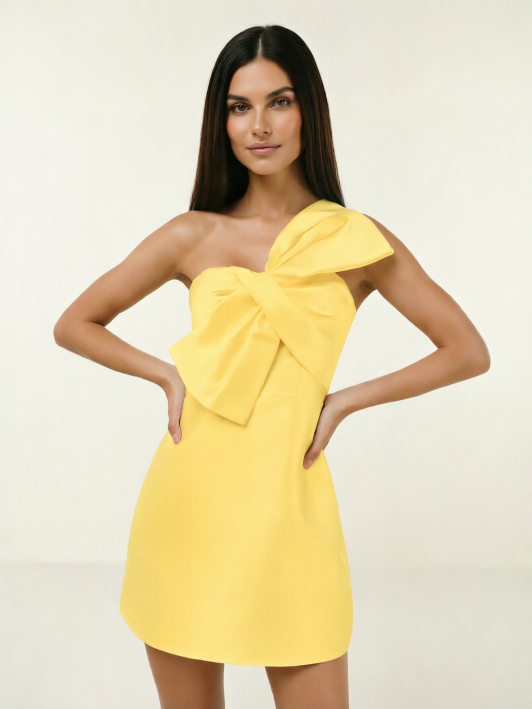 One Shoulder Oversized Bow Satin Mini Dress