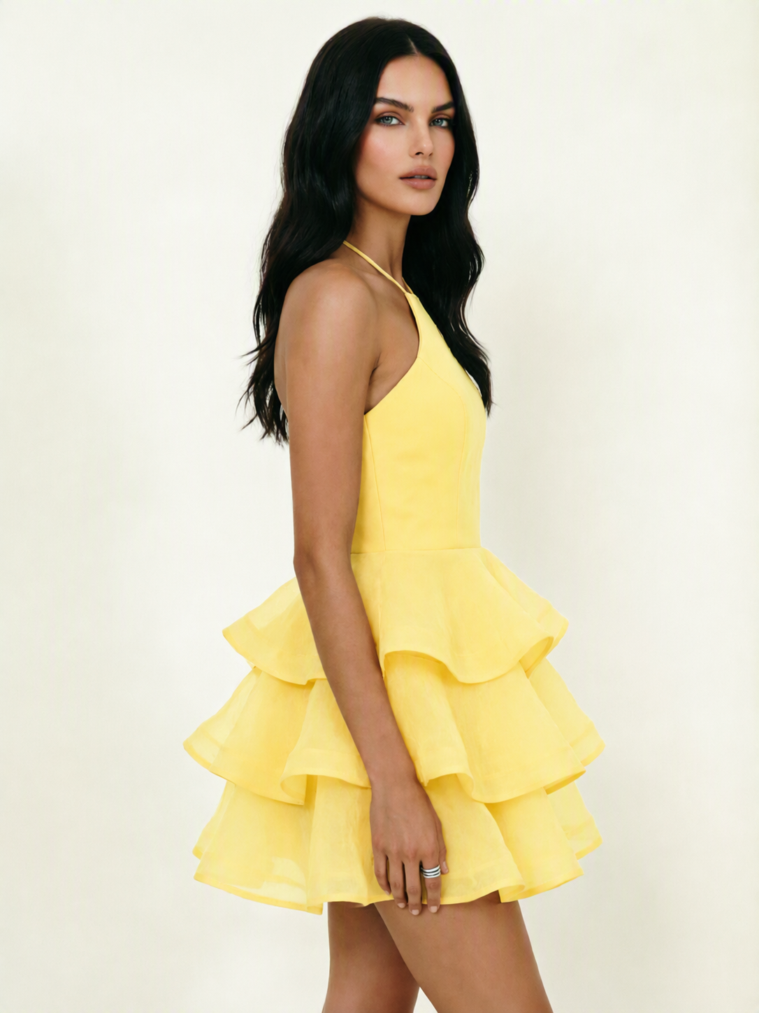 Halter Tiered Ruffle Mini Dress Lace Up Back Cocktail Party Gown