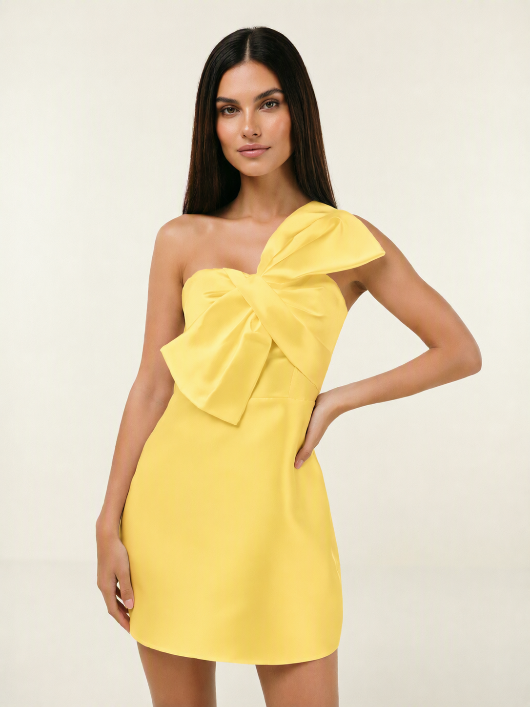 One Shoulder Oversized Bow Satin Mini Dress