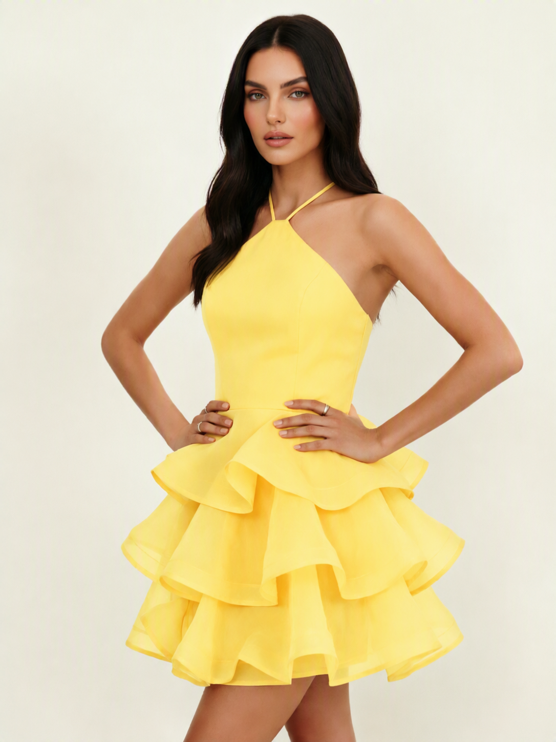 Halter Tiered Ruffle Mini Dress Lace Up Back Cocktail Party Gown