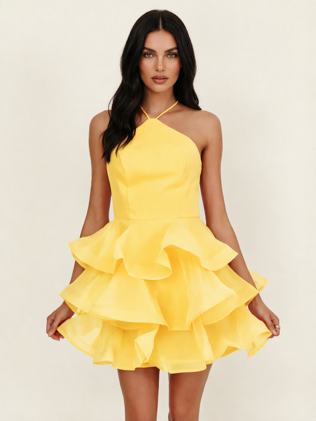 Halter Tiered Ruffle Mini Dress Lace Up Back Cocktail Party Gown